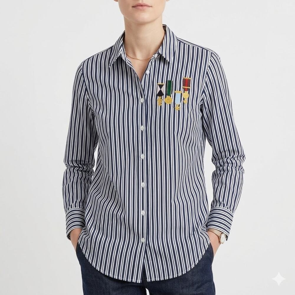 Equipment Femme Blue White Striped Button Front Shirt M 100% Cotton Embroidered